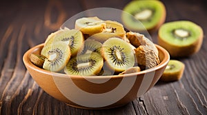 Bowl with slices of kiwi on wooden background, top view. Dried fruit as healthy food. Generative AI