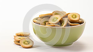 Bowl with slices of kiwi on wooden background, top view. Dried fruit as healthy food. Generative AI