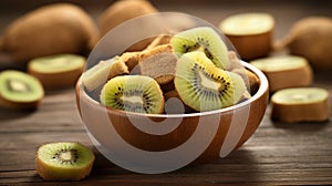 Bowl with slices of kiwi on wooden background, top view. Dried fruit as healthy food. Generative AI