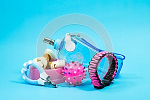 Bowl with snacks, collars, toy, nail scissors