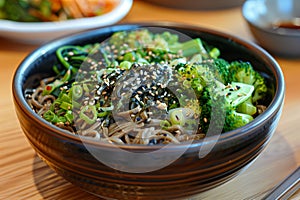 Bowl of soba noodles with pacha choy, broccoli, soy sauce and black sesame
