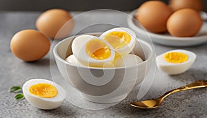 Bowl with soft boiled eggs on gray table