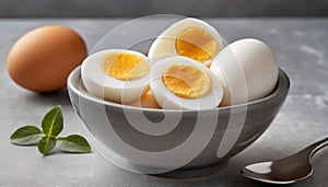Bowl with soft boiled eggs on gray table