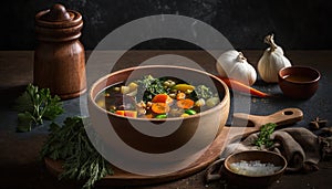 a bowl of soup with carrots, onions, celery, and other vegetables on a wooden board next to garlic a