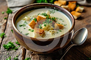 a bowl of soup with croutons and herbs