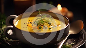 A bowl of soup with garnishes on a plate, AI