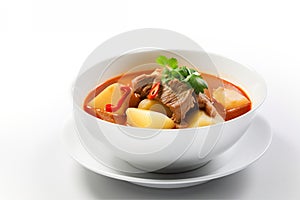 A bowl of soup with meat and potatoes on a plate. AI generative image.