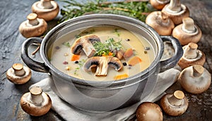 Bowl of Soup With Mushrooms and Carrots. Generative AI