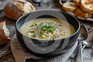 a bowl of soup with parsley and bread photo