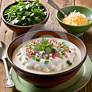 Bowl of soup with spoon, garnished with fines herbes