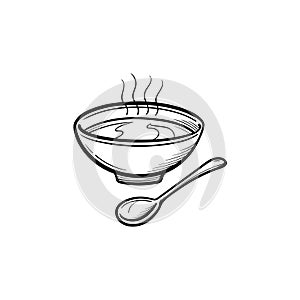 Bowl of soup with spoon hand drawn sketch icon.