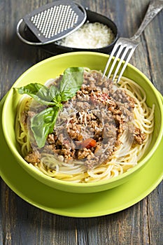 Bowl of spaghetti with bolognese sauce.