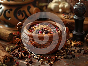 A bowl of spice mix beside a pot, ready to season and infuse the broth with aromatic scents photo