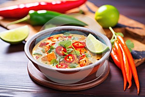 bowl of spicy queso with red chili pepper garnish