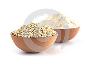 Bowl of Sprouted Sorghum and Sorghum Flour Isolated on a White Background