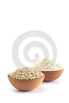 Bowl of Sprouted Sorghum and Sorghum Flour Isolated on a White Background