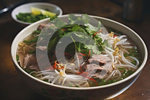 Bowl of steaming Asian-style beef noodle soup topped with fresh herbs, AI-generated.