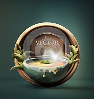 Bowl with steaming liquid, soup on a dark background. Vector illustration. Template for design