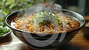 bowl of steaming ramen stands on a table in a Japanese cafe