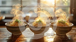 bowl of steaming ramen stands on a table in a Japanese cafe