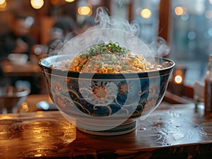 bowl of steaming ramen stands on a table in a Japanese cafe