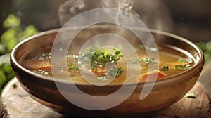 A bowl of steaming soup is presented inviting guests to immerse themselves in the aromas and flavors photo