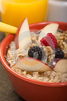 Bowl of steel cut oats served with fresh fruit and honey