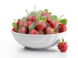 Bowl with strawberries and green leaves