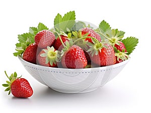 Bowl with strawberries and green leaves