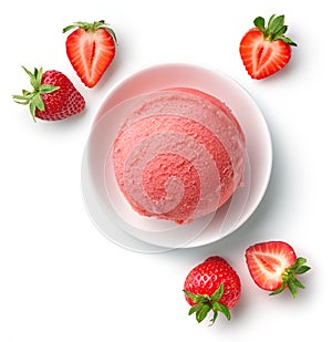Bowl of strawberry ice cream scoop
