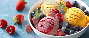 A bowl of strawberry, vanilla, and lemon ice cream with fresh raspberries and blueberries