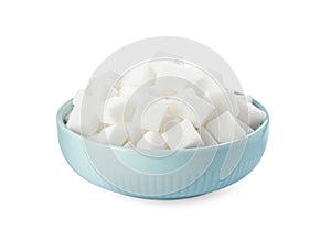 Bowl of sugar cubes isolated on white