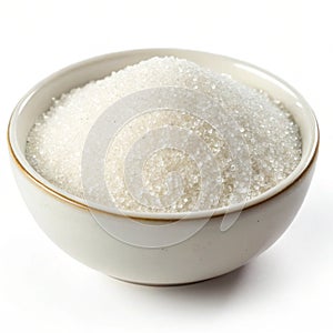 Bowl of sugar display isolated on white background photo