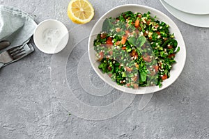 Bowl summer salad tabouli top view