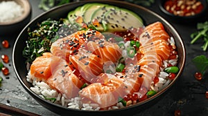 A bowl of sushi with salmon, rice and vegetables, AI