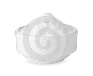 Bowl of sweet fructose powder isolated on white