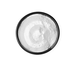 Bowl of sweet fructose powder isolated on white, top view