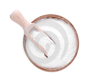 Bowl with sweet fructose powder and scoop isolated on white, top view