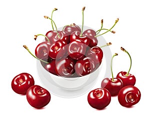 Bowl of sweet red cherries and scattered around isolated on white background