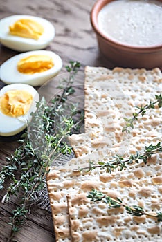 Bowl of tahini with matzos