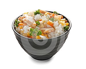 Bowl with tasty boiled rice, vegetables and meat on white background