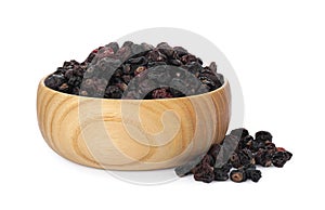 Bowl with tasty dried currants on white background