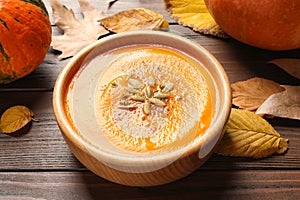 Bowl with tasty pumpkin soup