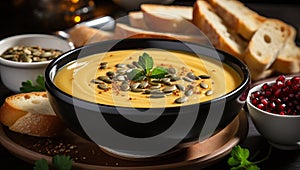 Bowl with tasty pumpkin soup on table, closeup. Healthy food