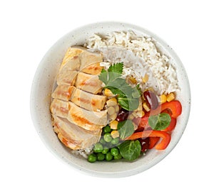Bowl with tasty rice, vegetables and meat on white background