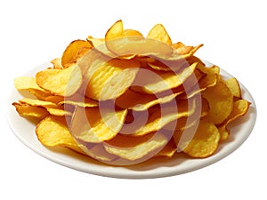 Bowl of tasty ridged potato chips on white background, Ai Generated