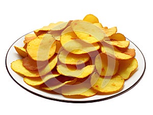 Bowl of tasty ridged potato chips on white background, Ai Generated