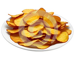 Bowl of tasty ridged potato chips on white background, Ai Generated