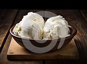 Bowl with tasty vanilla ice cream on table against light background. Created with Generative AI technology.