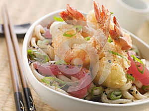 Bowl of Tempura Tiger Prawn and Udon Noodle Broth